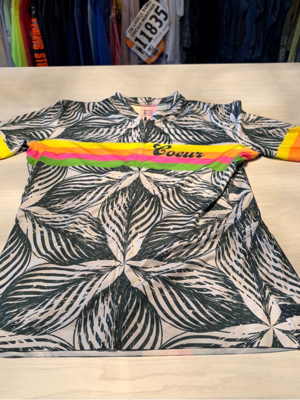 Coeur Women's Short Sleeve “Kanoa” Jersey in Green Palm Print with Neon Stripe